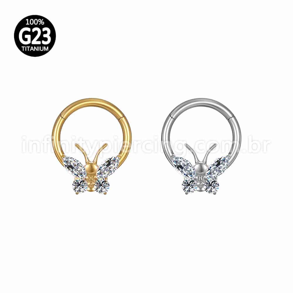 Piercing Argola Titânio Segmento Articulado Borboleta Zircônia Cravejada
